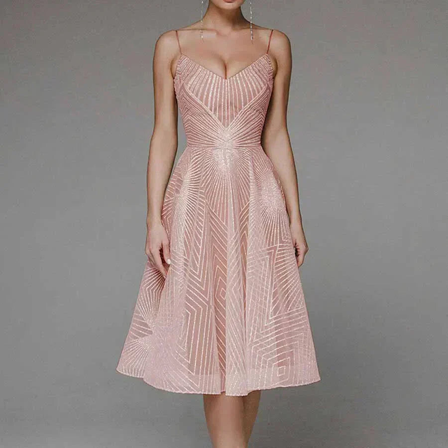 Elegant backless midi dress in neutral tone, open-back cut with refined silhouette for day-to-evening wear