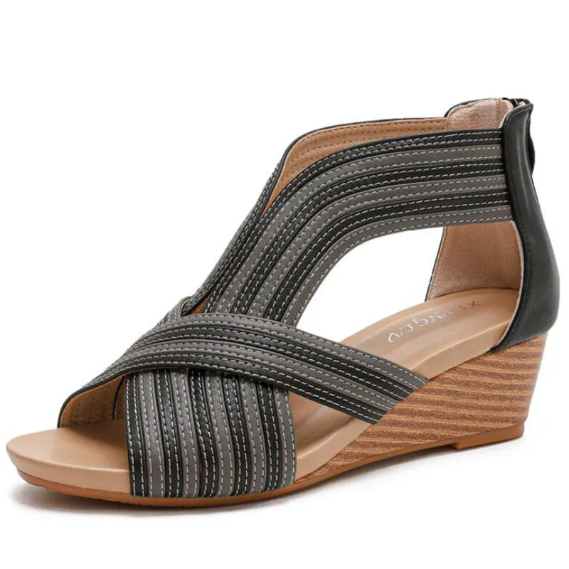 Beige gray strappy wedge sandals women sculptural woven upper all-day comfort platform