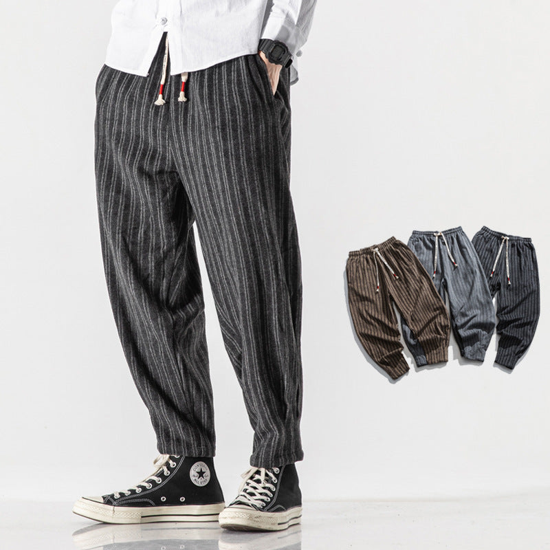 Men's gray pinstripe tapered joggers lightweight breathable drawstring waist minimalist streetwear fit