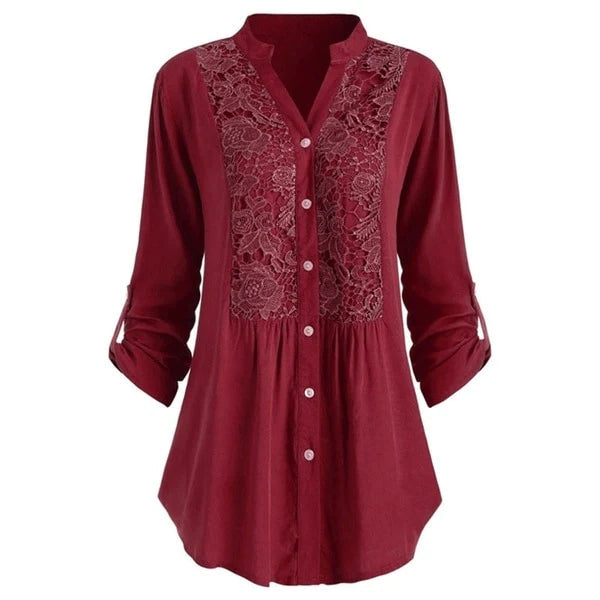 Women's white cotton long blouse with delicate lace embroidery detail and flattering V-neckline