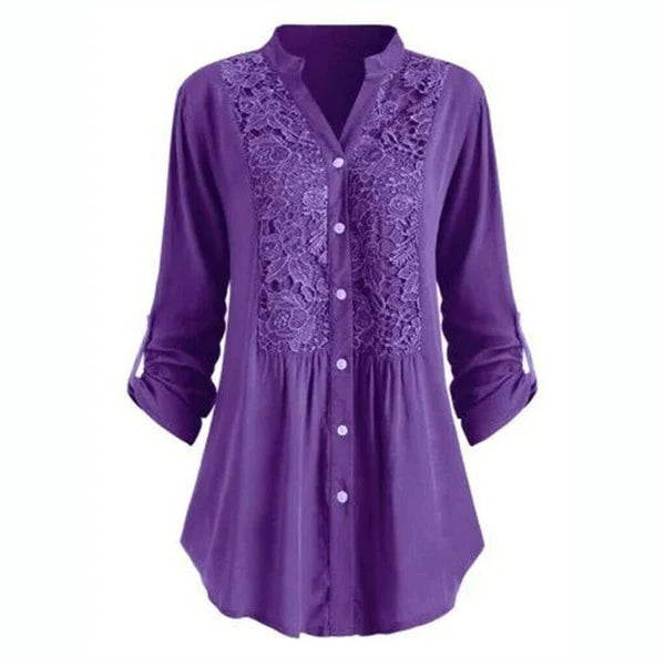 Women's white cotton long blouse with delicate lace embroidery detail and flattering V-neckline