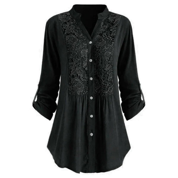 Women's white cotton long blouse with delicate lace embroidery detail and flattering V-neckline