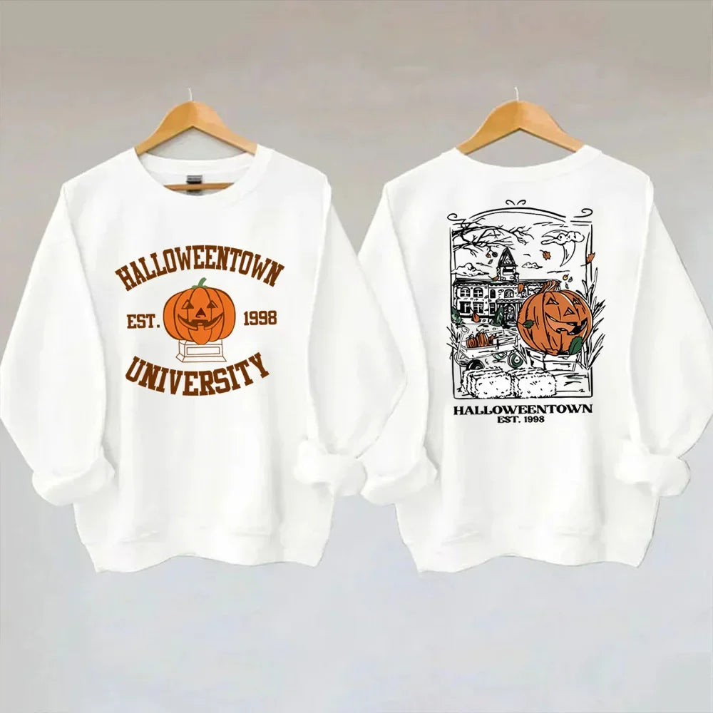 Orange Halloween pumpkin graphic sweatshirt, long sleeve cozy cotton pullover for festive casual wear