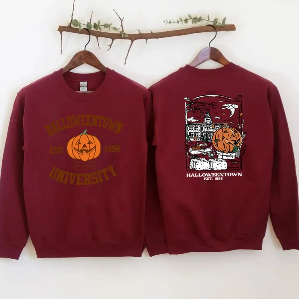 Orange Halloween pumpkin graphic sweatshirt, long sleeve cotton pullover with festive jack-o-lantern print