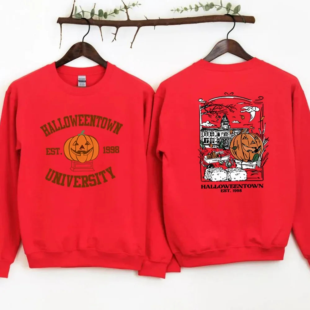 Orange Halloween pumpkin graphic sweatshirt, long sleeve cotton pullover with festive jack-o-lantern print