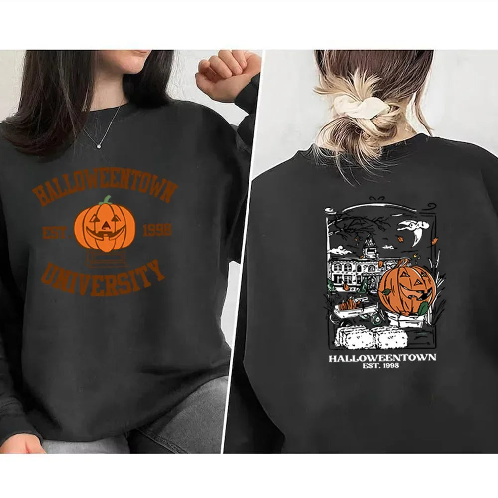 Orange Halloween pumpkin graphic sweatshirt, long sleeve cozy cotton pullover with festive print