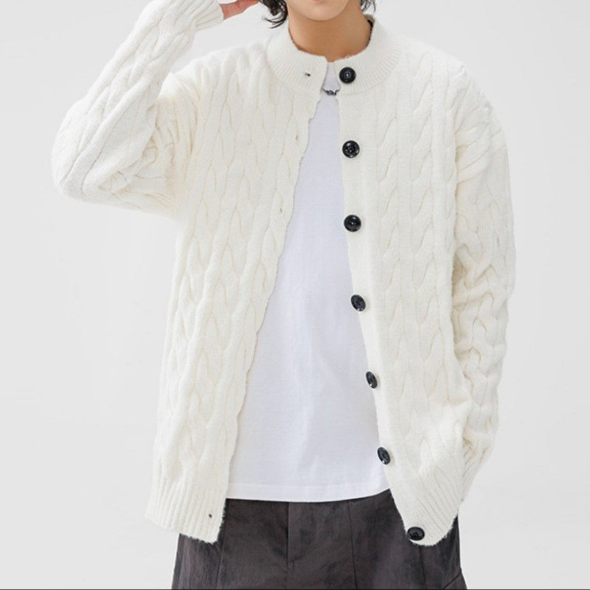 Women's relaxed-fit cable knit cardigan in soft cotton blend with front button closure