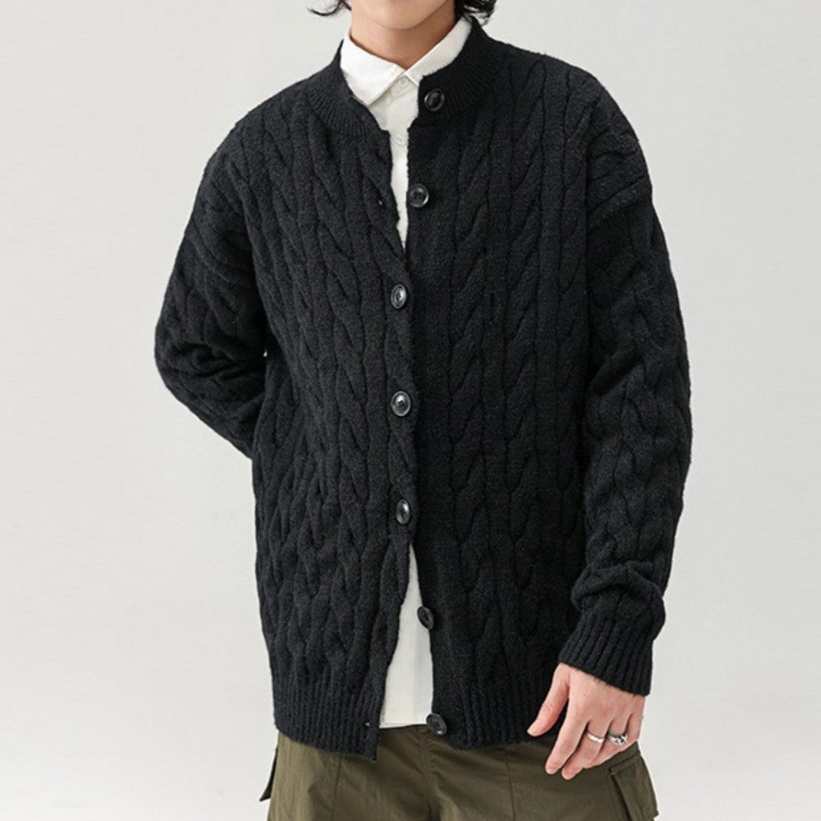 Women's relaxed-fit cable knit cardigan in soft cotton blend with front button closure