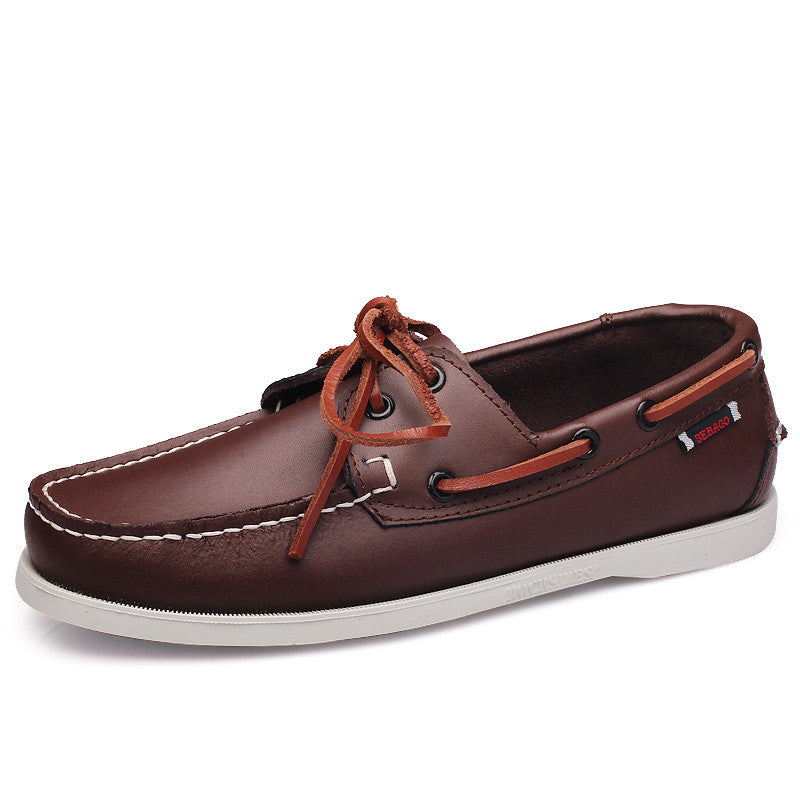 Men's handmade tan leather boat shoes slip-on style with premium stitching and optimal fit