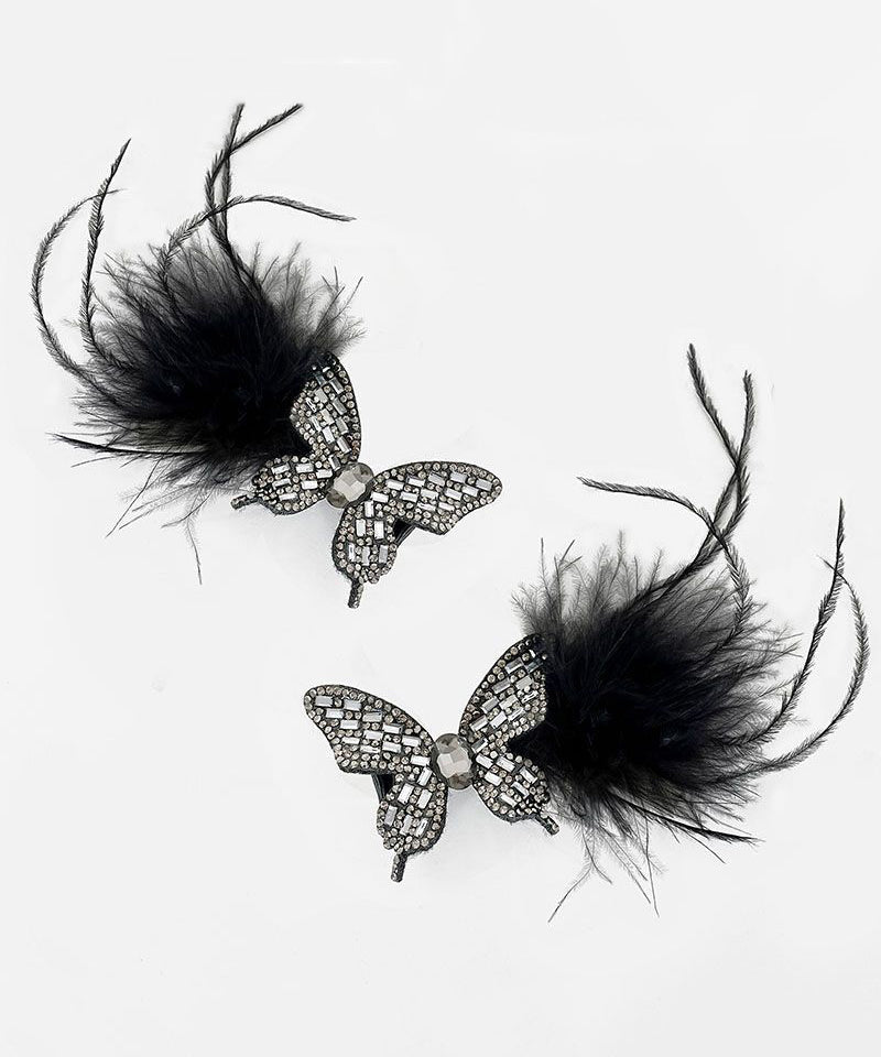 Épingle à cheveux en alliage de zircon noir faite à la main avec plumes de papillon - Urbann-Vibe