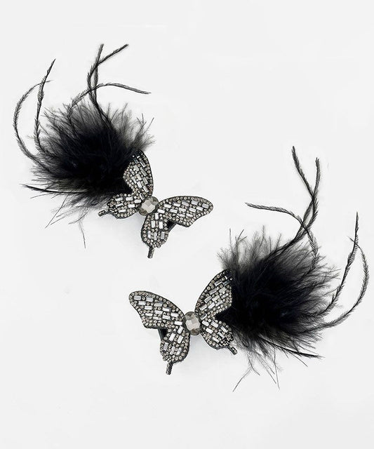 Épingle à cheveux en alliage de zircon noir faite à la main avec plumes de papillon - Urbann-Vibe
