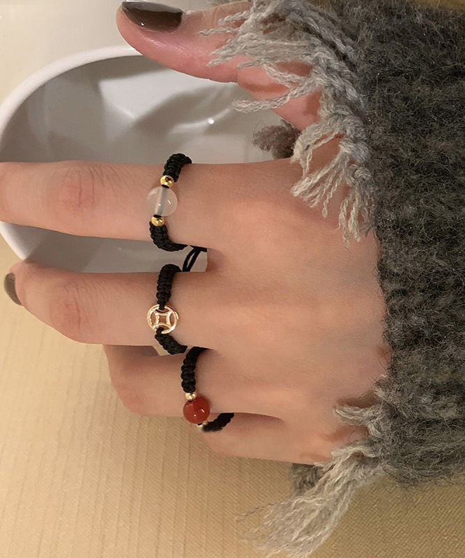 Ensemble de trois bagues en cuivre et cristal d'agate noire tissées à la main - Urbann-Vibe