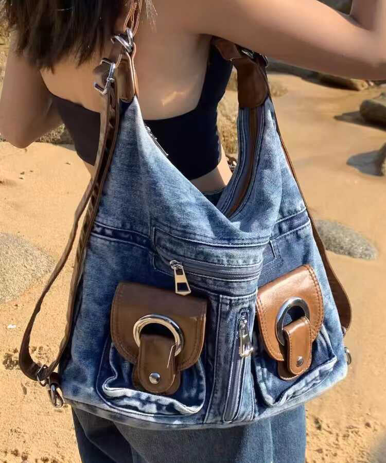 Sac à main en denim bleu polyvalent de grande capacité fait main - Urbann-Vibe