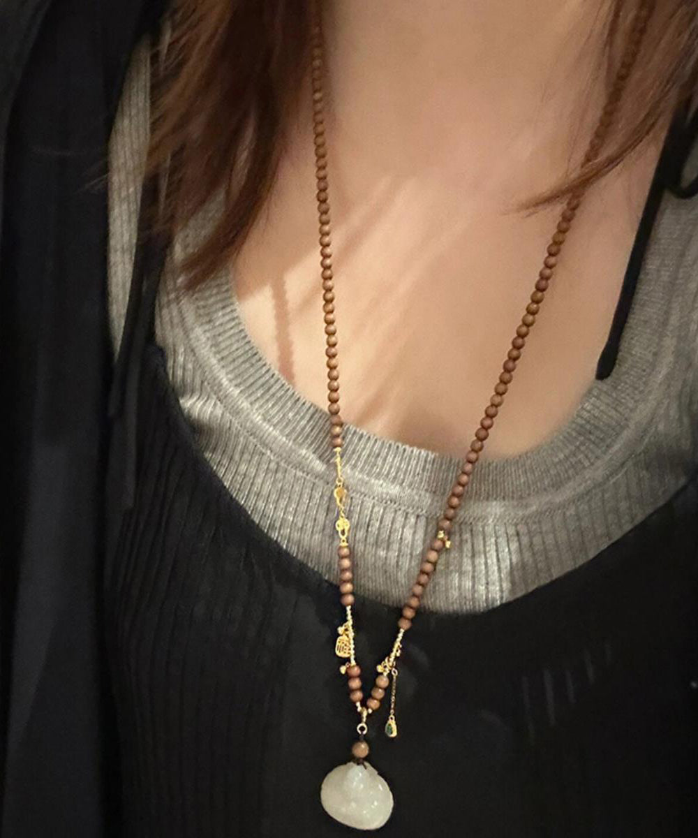 Collier pendentif en perles de bois de santal surdoré en argent sterling marron fait main - Urbann-Vibe