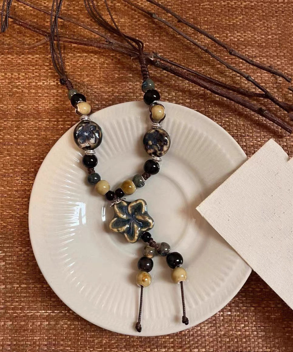 Collier pendentif en céramique fait main en alliage de café et corde cirée - Urbann-Vibe
