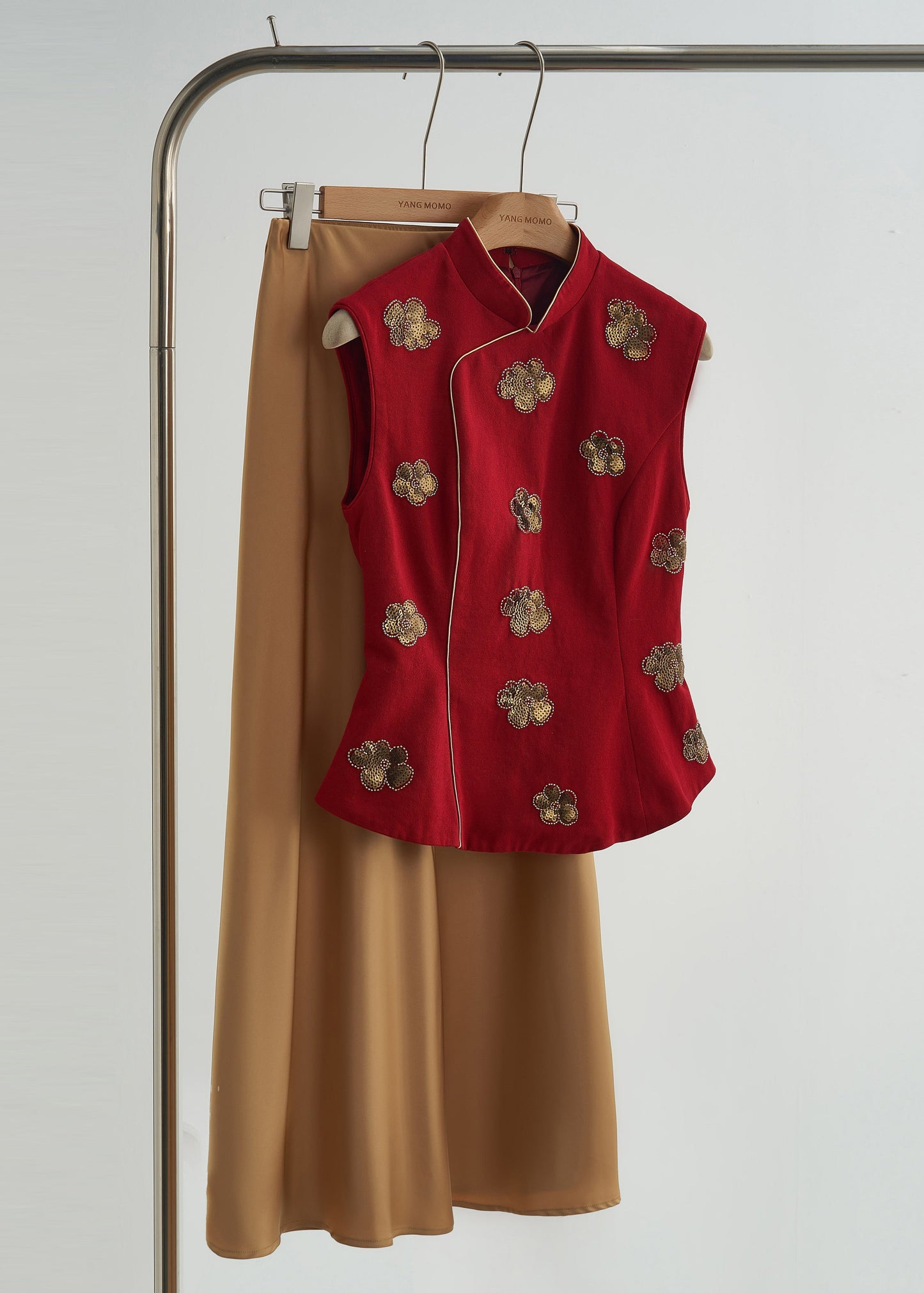 Gilets en coton à fleurs et sequins, col mandarin, confectionnés à la main, couleur mûrier. Automne - Urbann-Vibe