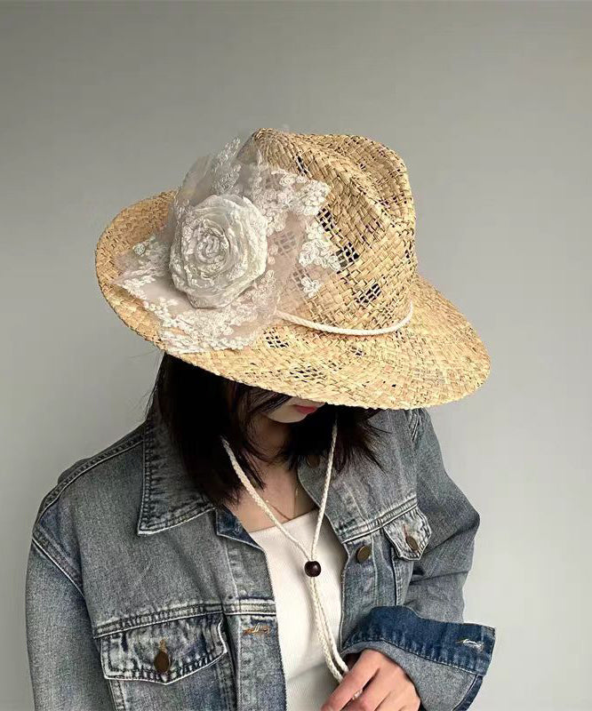 Chapeau de cowboy en paille tissée ajourée avec dentelle et fleurs, fait à la main - Urbann-Vibe