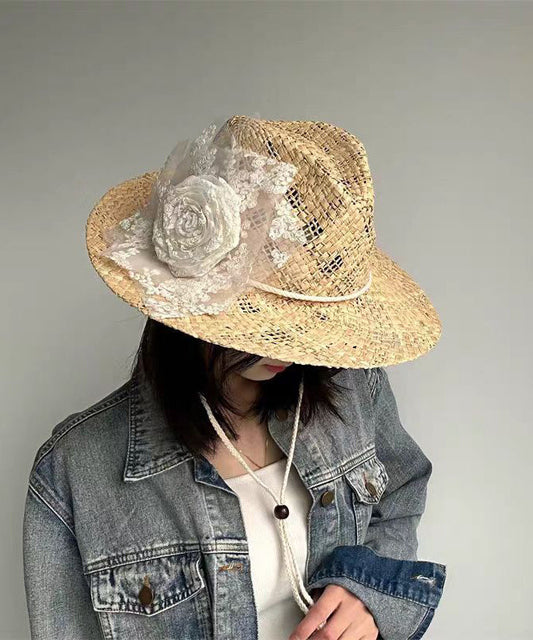 Chapeau de cowboy en paille tissée ajourée avec dentelle et fleurs, fait à la main - Urbann-Vibe