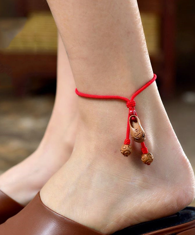 Bracelets de cheville en bois de pêcher rouge tissés à la main avec tête de tigre - Urbann-Vibe