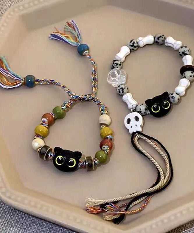 Bracelet en chaîne en deux pièces tissé à la main avec pompons en céramique et petits chats - Urbann-Vibe