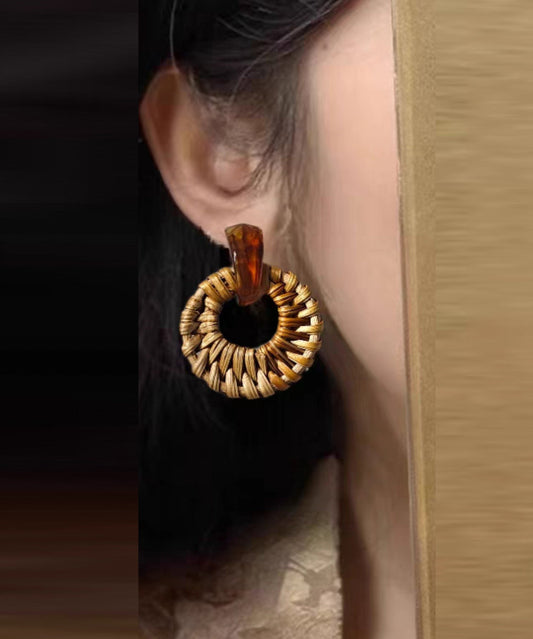Boucles d'oreilles créoles tissées à la main en alliage jaune et bambou - Urbann-Vibe