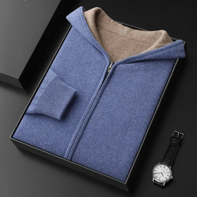 Heather gray wool-cashmere zip hoodie and tapered joggers set with full-zip front closure