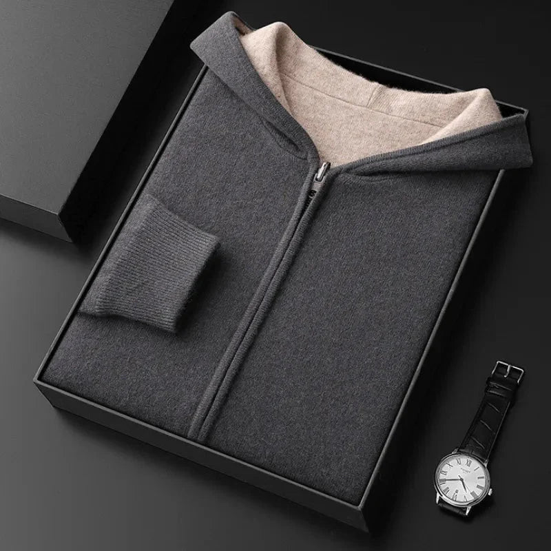 Heather gray wool-cashmere zip hoodie and tapered jogger set with full-zip front closure