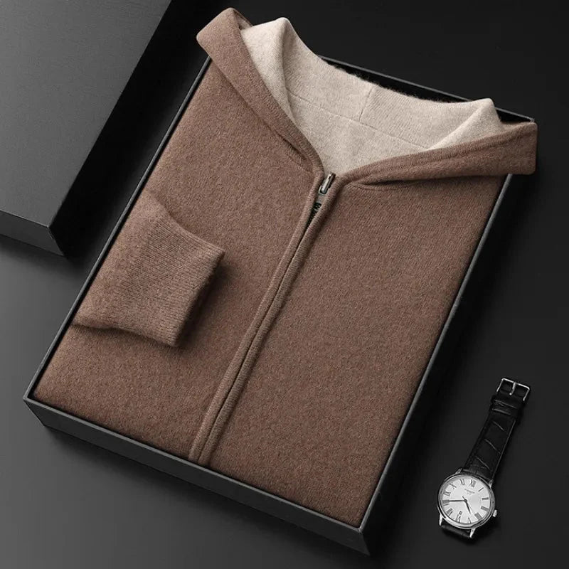 Men's wool-cashmere zip hoodie and tapered joggers set in neutral tones, cozy travel-ready loungewear