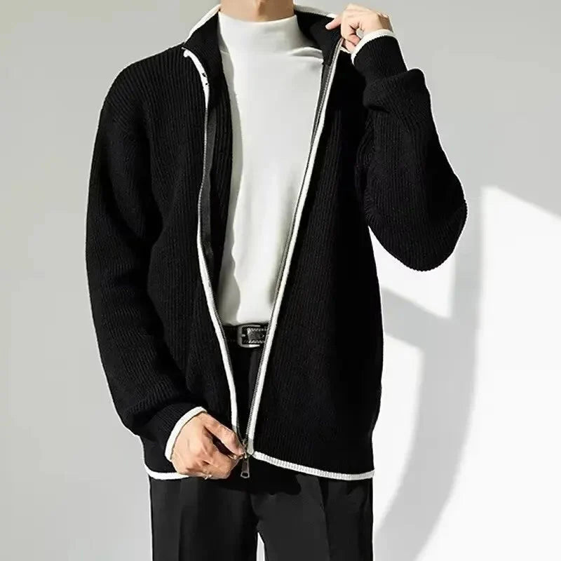 Men's navy knitted full-zip cardigan with contrast trim detailing and smooth minimalist knit fabric