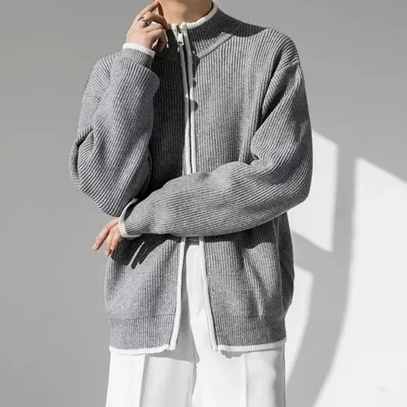 Men's grey full-zip knitted cardigan with contrast trim, smooth premium fabric, minimalist style