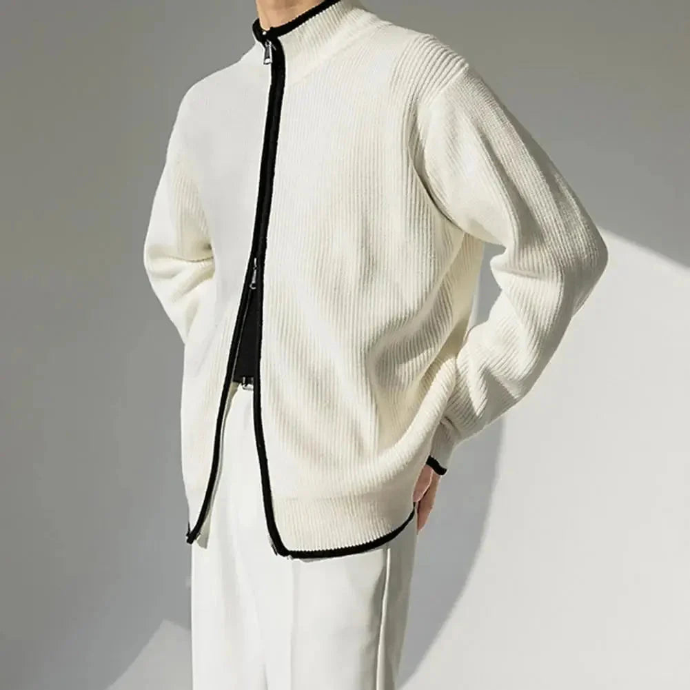Men's navy blue full-zip knitted cardigan with contrast trim details and smooth minimalist knit fabric