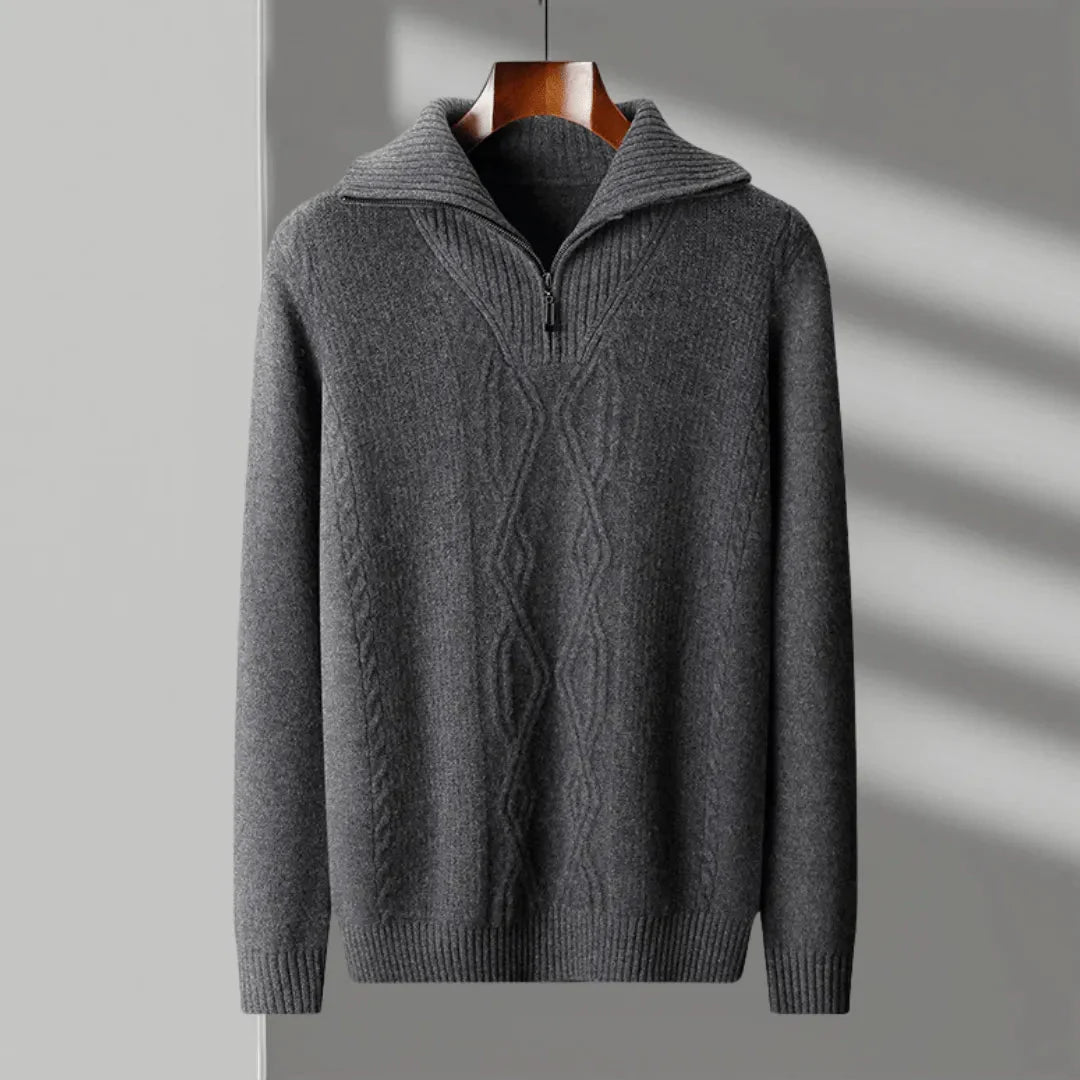 Men's merino wool half-zip sweater cable knit detailing soft ribbed trim premium warmth