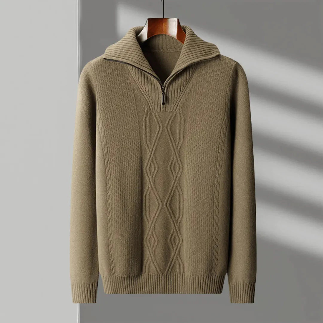 Men's merino wool half-zip sweater with cable knit detailing and ribbed trim in classic neutral