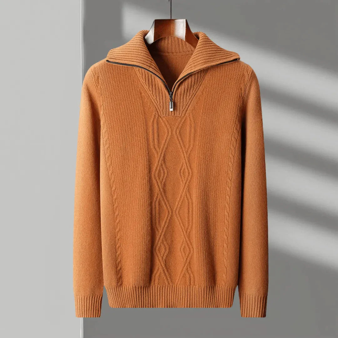Men's merino wool half-zip sweater cable knit detailing soft ribbed trim classic fit
