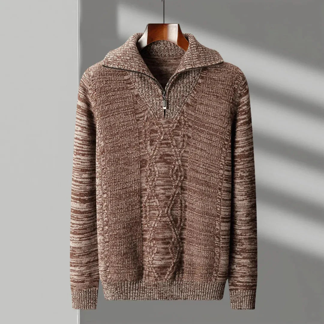 Men's merino wool half-zip sweater with cable knit detailing and ribbed trim in neutral tone