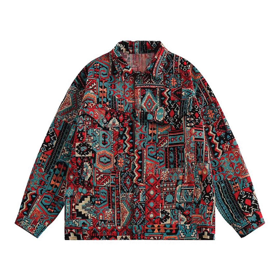 Men's vintage jacquard cargo jacket in neutral tones, relaxed cotton-polyester blend with utility pockets