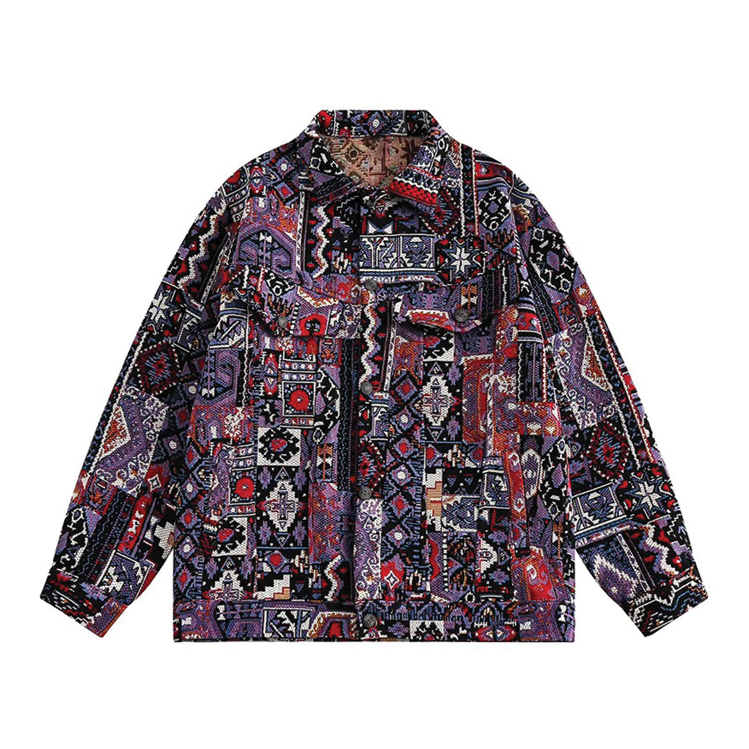 Men's vintage jacquard cargo jacket in earthy tones, relaxed cotton-polyester blend with utility pockets