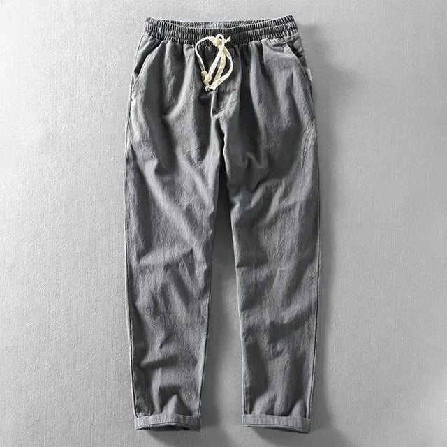 Harajuku tapered linen trousers with elastic drawstring waist, lightweight breathable urban streetwear fit