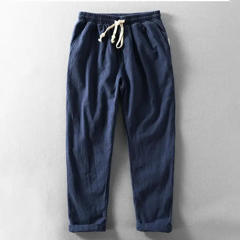 Harajuku tapered linen trousers, breathable lightweight fit with elastic drawstring waist for urban style