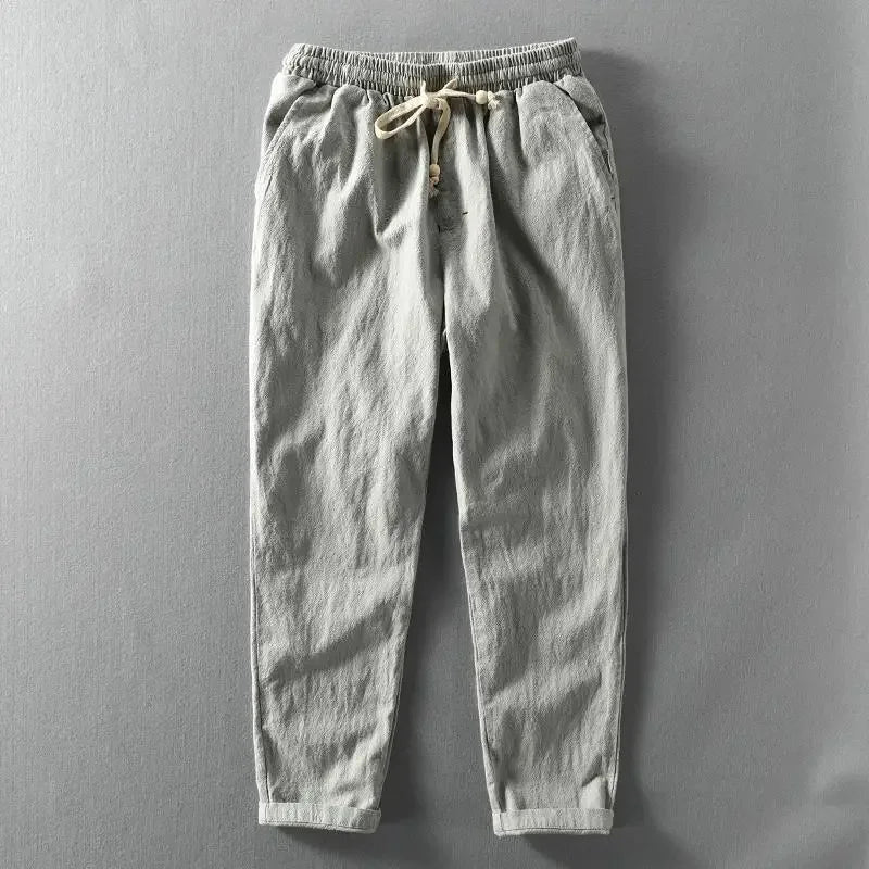 Harajuku tapered linen trousers lightweight breathable elastic drawstring waist urban streetwear style