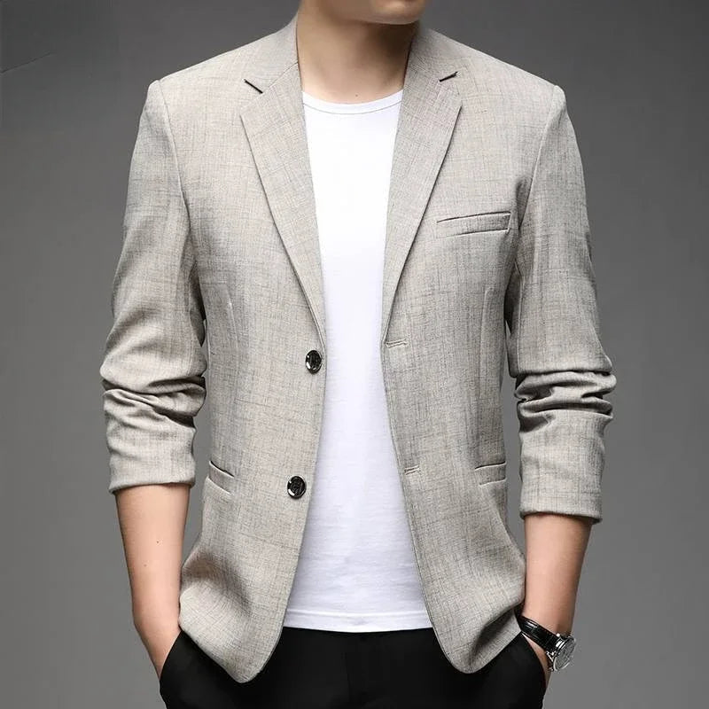 Beige slim-fit linen blend blazer for men, lightweight breathable summer tailored jacket