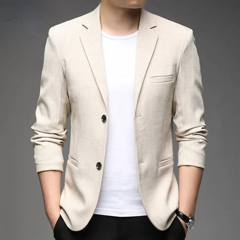 Men's beige slim-fit linen blend blazer, lightweight breathable design for summer elegance