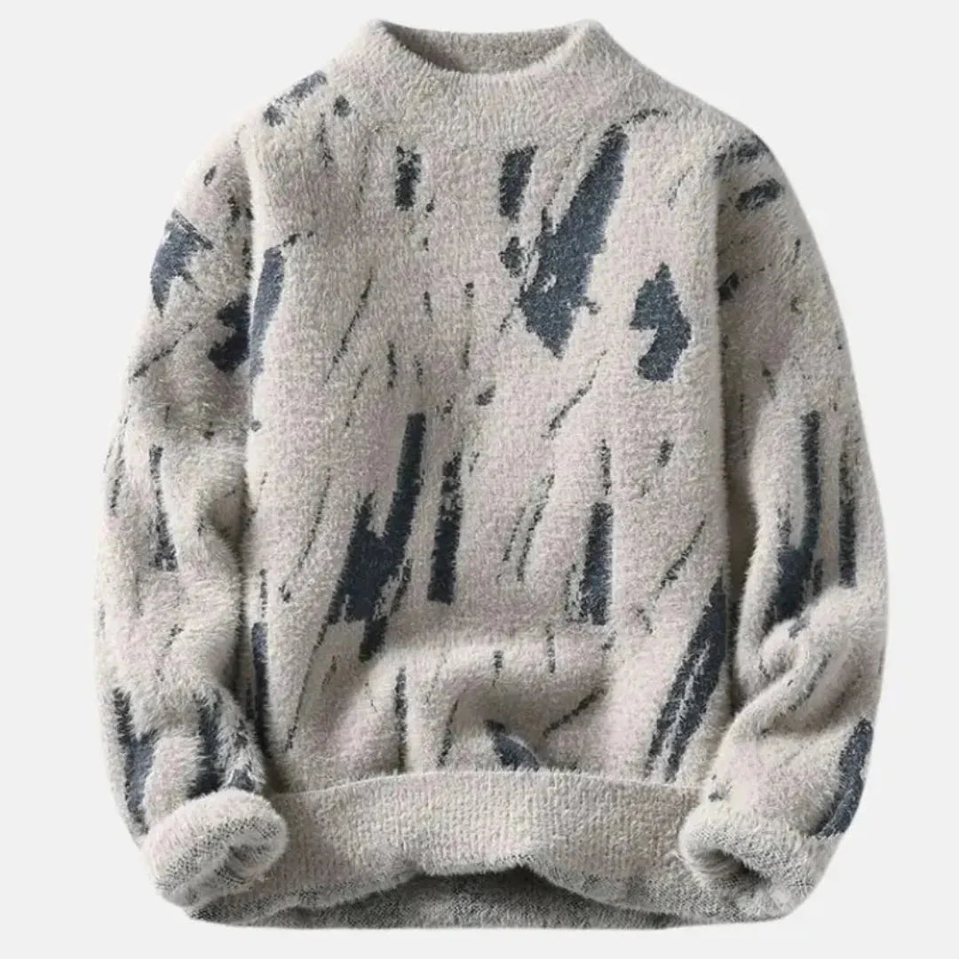 Harley gray crewneck plush sweater with glacier abstract pattern, ultra-soft thermal fiber blend