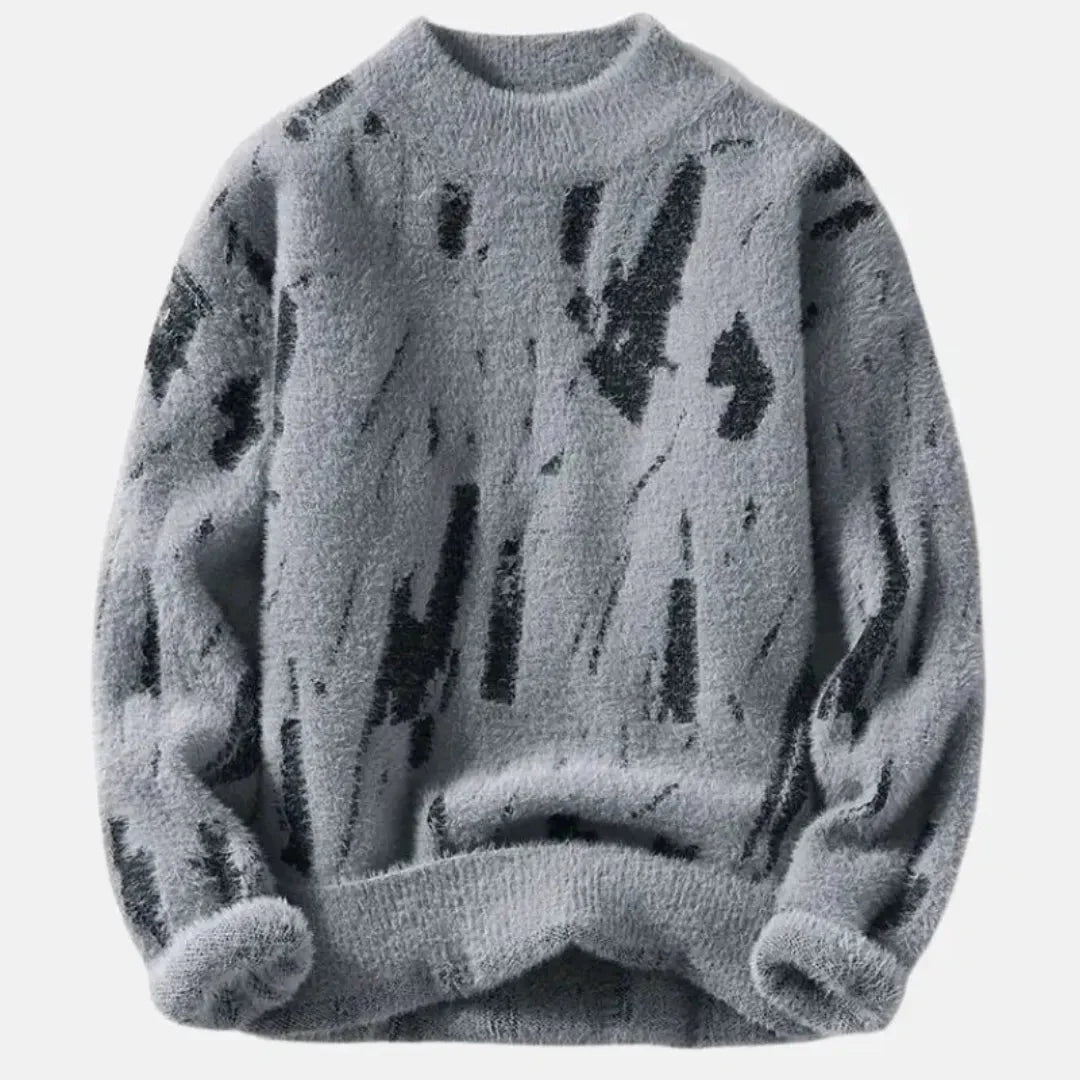 Harley gray crewneck plush sweater with glacier abstract pattern, ultra-soft thermal fiber blend