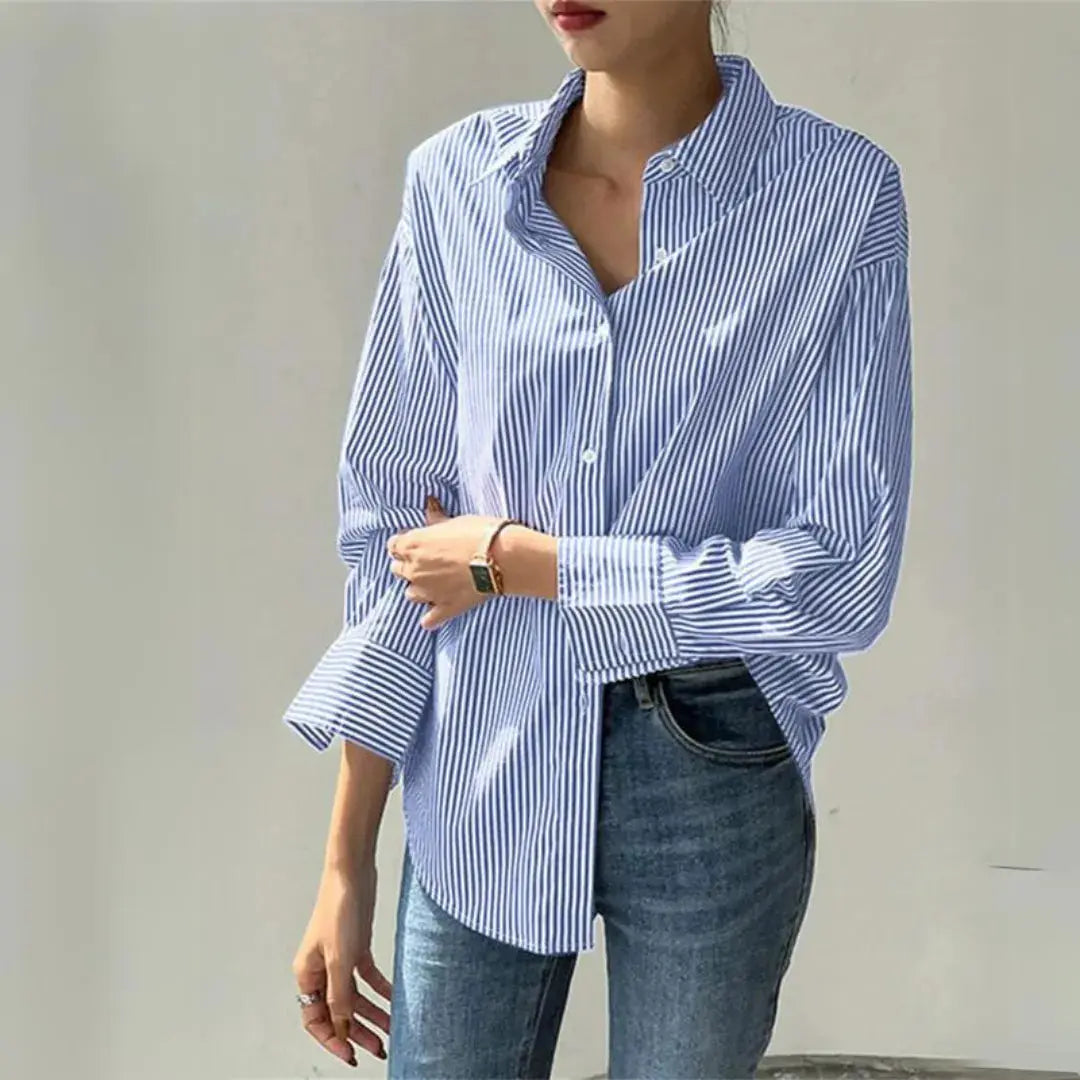 Women's white pinstripe oversized button-up shirt long sleeve relaxed fit for layering