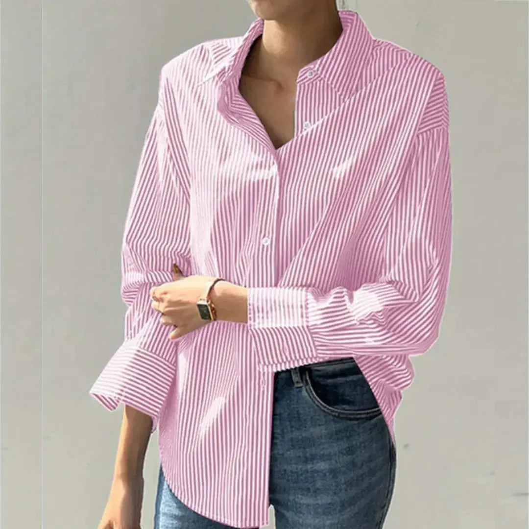 Harper white pinstripe oversized long-sleeve button-up shirt with relaxed fit for women