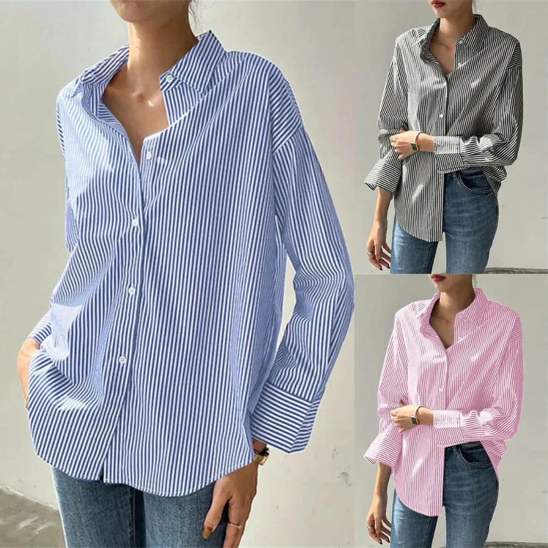 White pinstripe oversized button-up shirt women long sleeve relaxed fit versatile layering