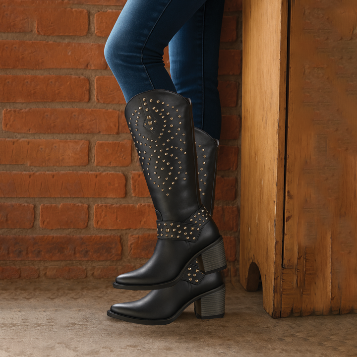 Women's western knee-high boots pointed toe mid block heel bold silver studs side zipper sleek silhouette