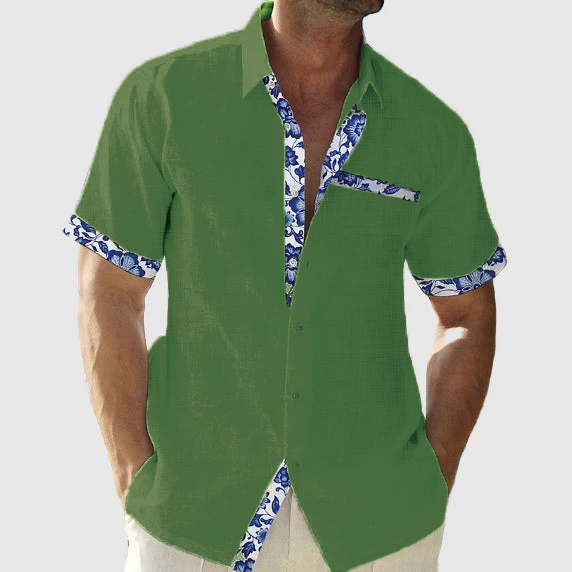 Men's beige linen tailored-fit shirt with floral trim accents on collar and cuffs for beachwear