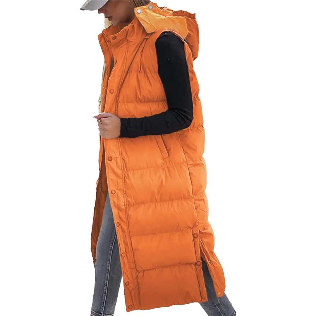 Women's long hooded quilted puffer jacket mid-calf silhouette dual zip-snap closure all-season warmth